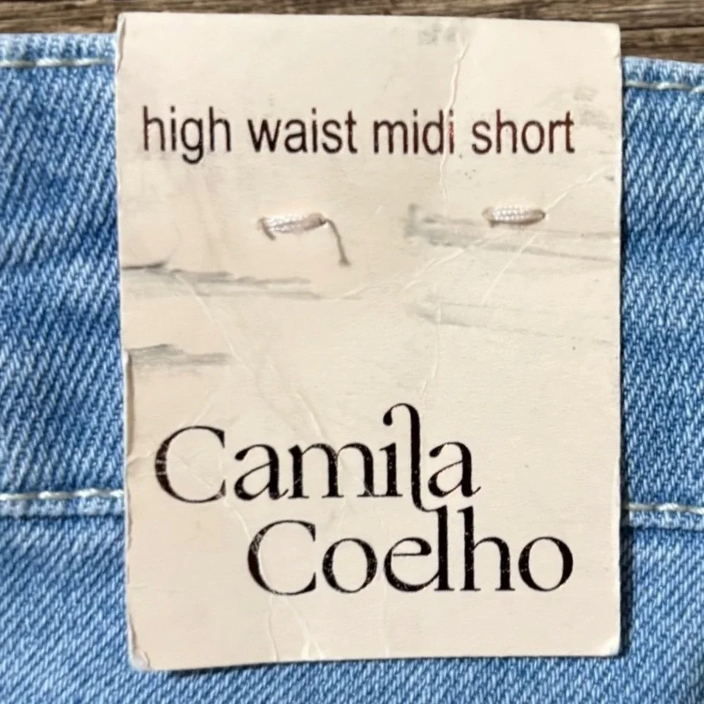 Camila Coelho High Waist Midi Studded Denim Shorts Light Wash Blue‎ Boho Rocker